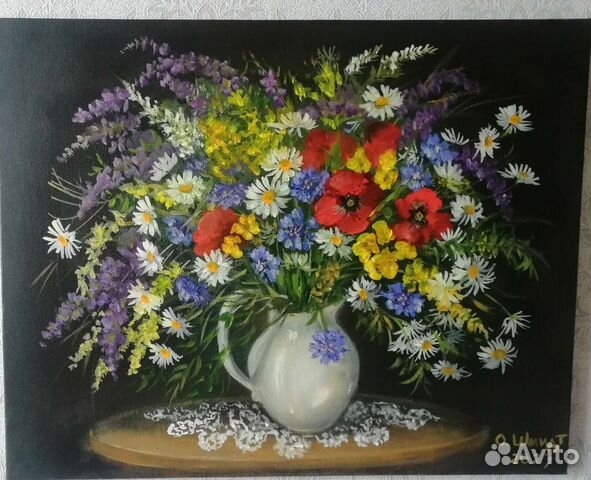 Картина маслом. Букет полевых цветов 40х50