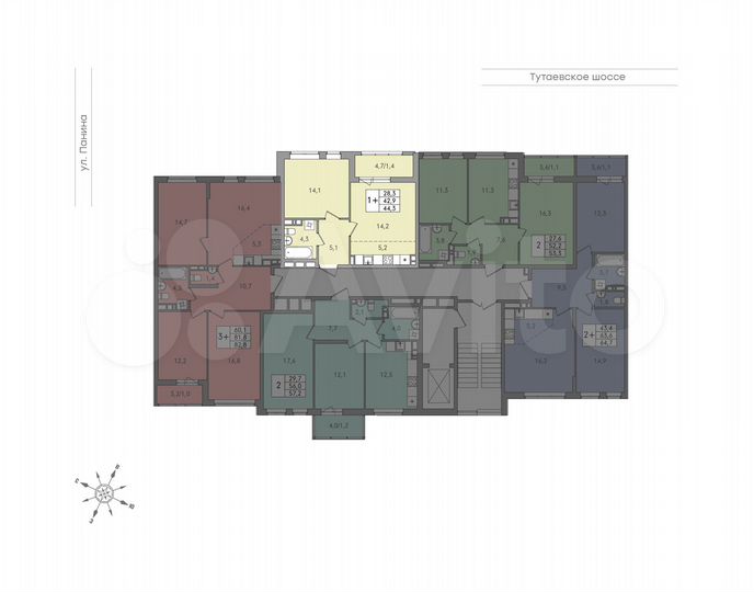 2-к. квартира, 44,3 м², 6/9 эт.