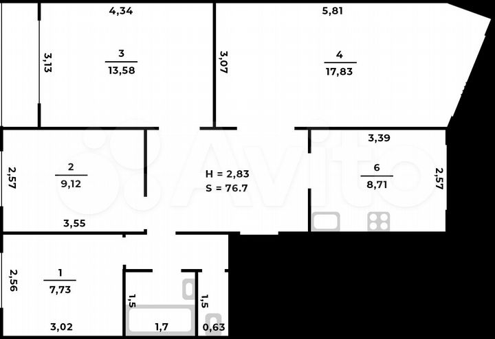 4-к. квартира, 76,7 м², 1/5 эт.