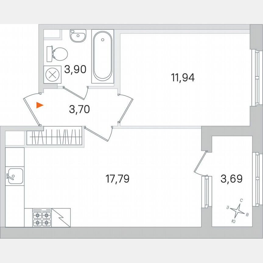 1-к. квартира, 39,2 м², 1/4 эт.