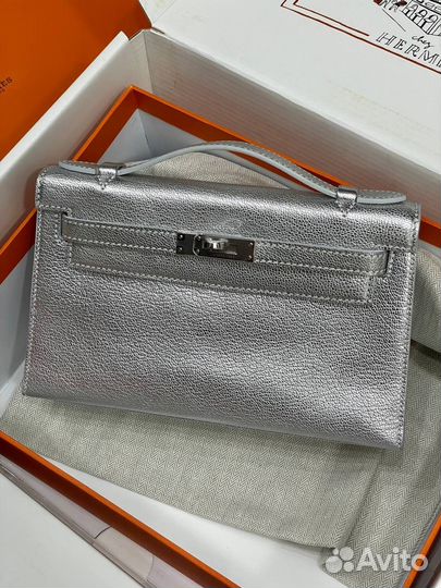 Сумка Hermes Kelly Pochette Chevre серебряная