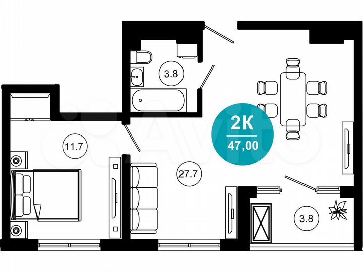 2-к. апартаменты, 46 м², 3/10 эт.