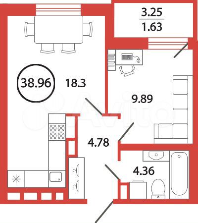 1-к. квартира, 39 м², 2/12 эт.