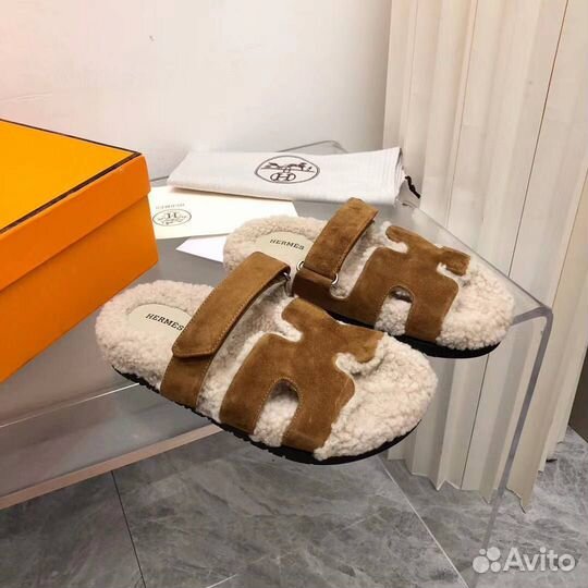 Шлепанцы женские hermes с мехом