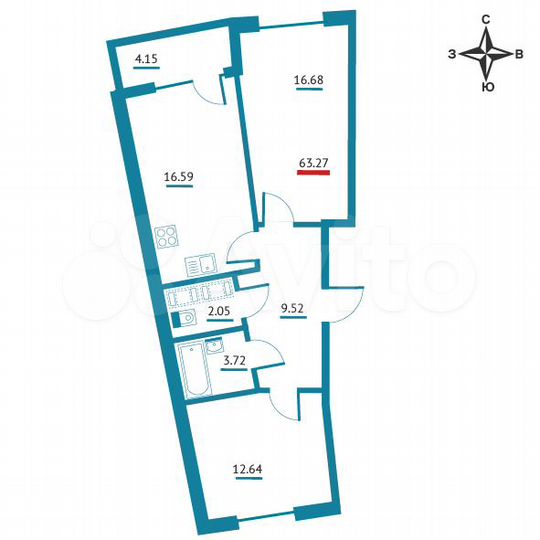 2-к. квартира, 63,3 м², 18/22 эт.