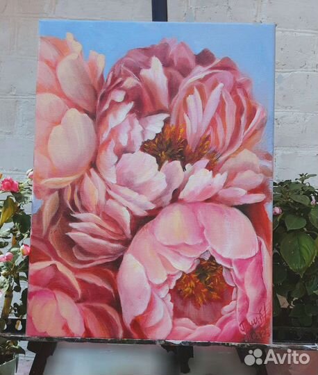 Картина маслом, цветы пионы
