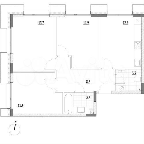 3-к. апартаменты, 65,3 м², 2/7 эт.