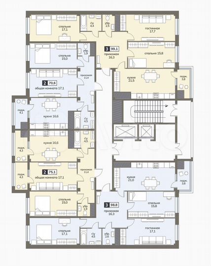 2-к. квартира, 70,6 м², 8/12 эт.