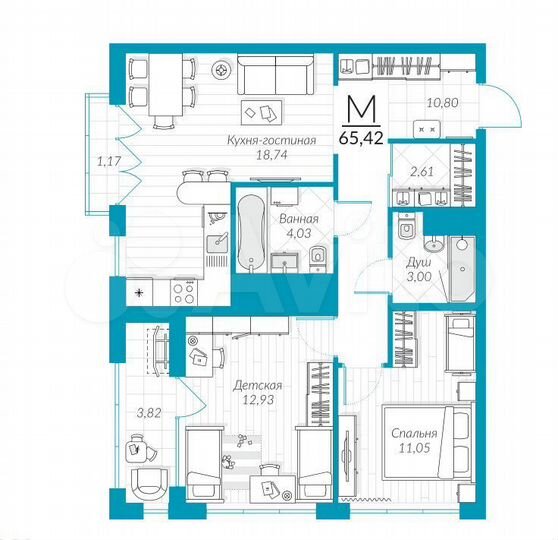 2-к. квартира, 65,4 м², 7/25 эт.