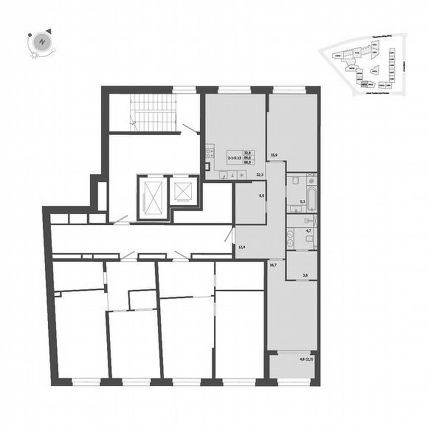 2-к. квартира, 88,9 м², 2/9 эт.