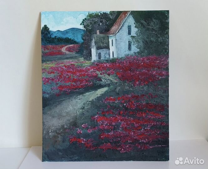Картина маслом, домики, маки