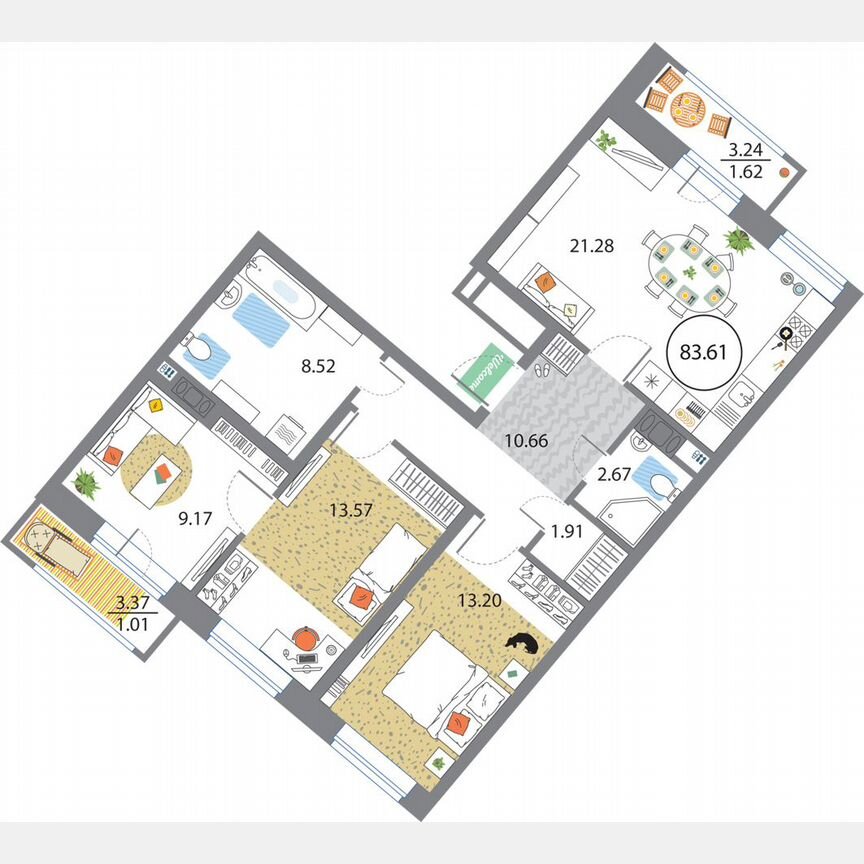 3-к. квартира, 83,6 м², 9/12 эт.