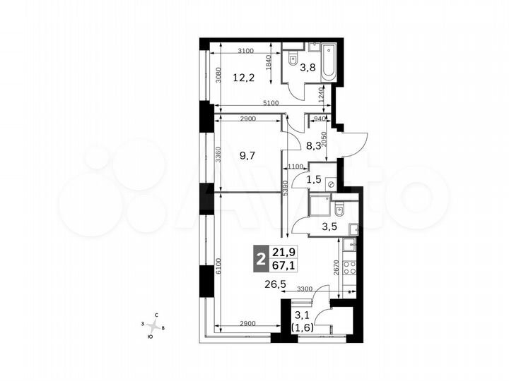 3-к. квартира, 67,1 м², 12/44 эт.