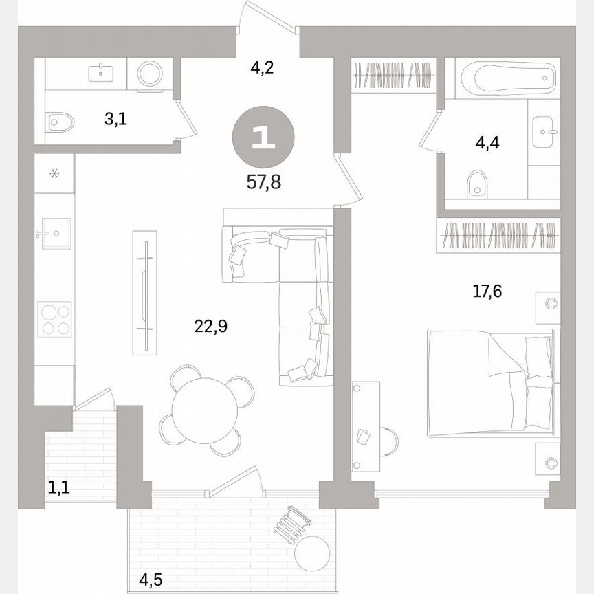 1-к. квартира, 57,7 м², 6/16 эт.