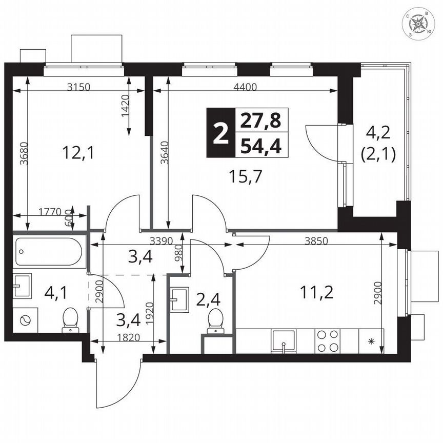 2-к. квартира, 54,4 м², 25/25 эт.