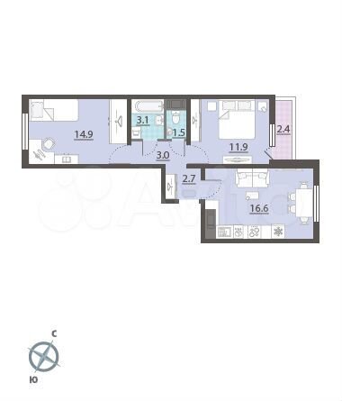 2-к. квартира, 54,9 м², 7/13 эт.