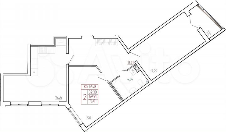2-к. квартира, 73 м², 3/9 эт.