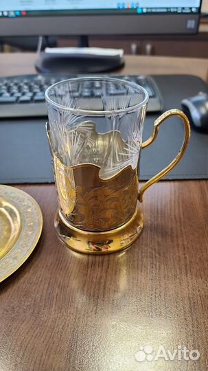 Подстаканник c блюдцем с позолотой. Чайный набор