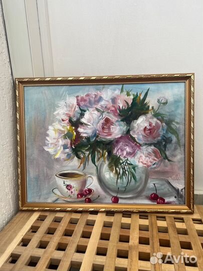 Картина маслом пионы (в раме)