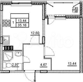 1-к. квартира, 35,2 м², 2/4 эт.