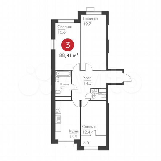 3-к. квартира, 88,4 м², 6/19 эт.