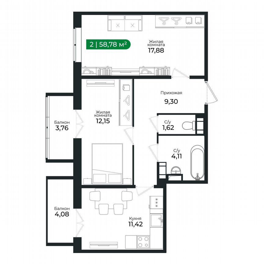 2-к. квартира, 58,8 м², 5/8 эт.