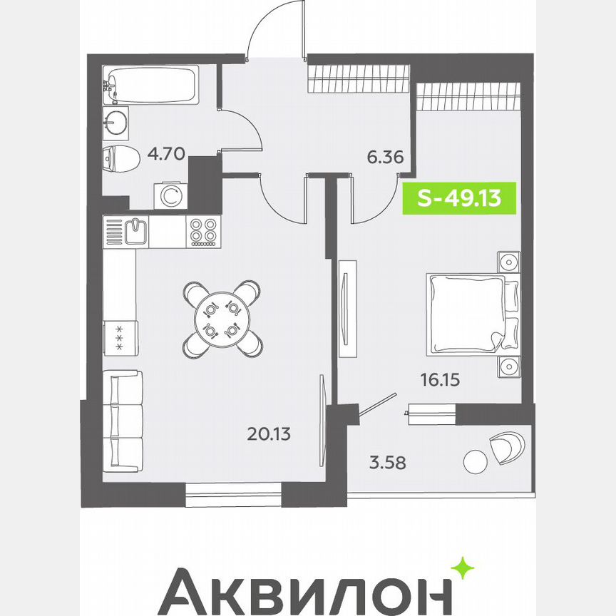 1-к. квартира, 49,6 м², 2/13 эт.