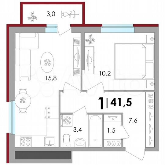 1-к. квартира, 41,5 м², 1/18 эт.