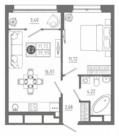 1-к. квартира, 40 м², 9/10 эт.