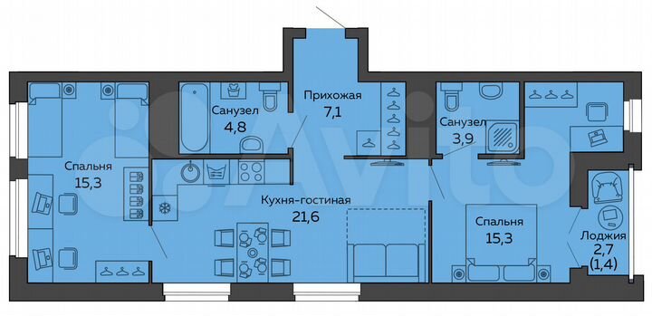 2-к. квартира, 69,4 м², 11/25 эт.