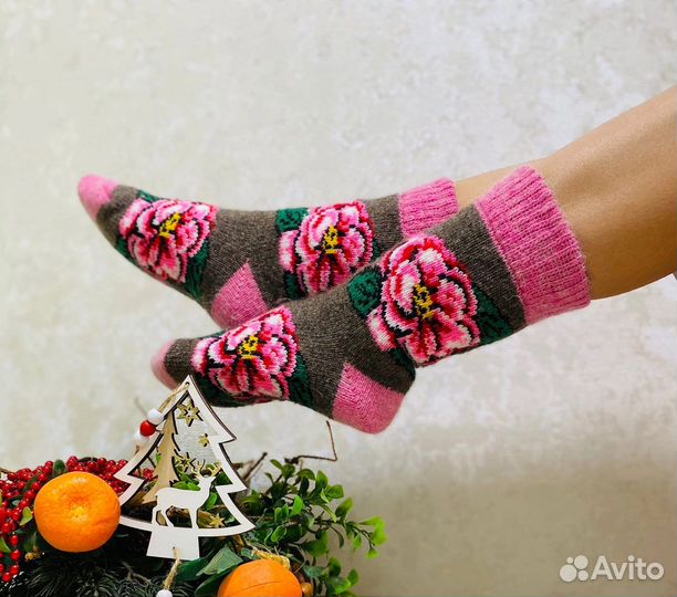 Носки шерстяные с цветами Красивые яркие теплые