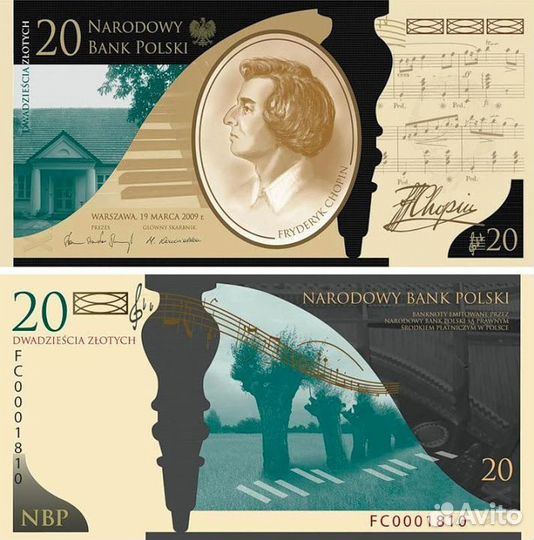 Банкнота Польша 20 злотых 2009 Фредерик Шопен