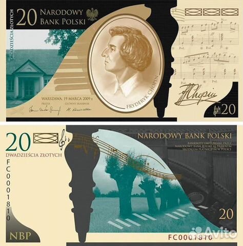 Банкнота Польша 20 злотых 2009 Фредерик Шопен