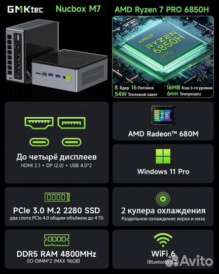 Мини пк M7 Ryzen 7 6850H 32GB DDR5 1TB SSD Win 11