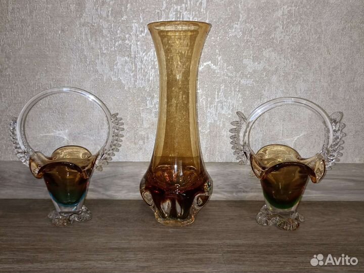 Ваза корзиночка цветное стекло СССР хрусталь