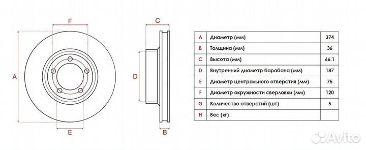 Тормозные диски BMW 5,6,7/BMW active hybrid (374 м