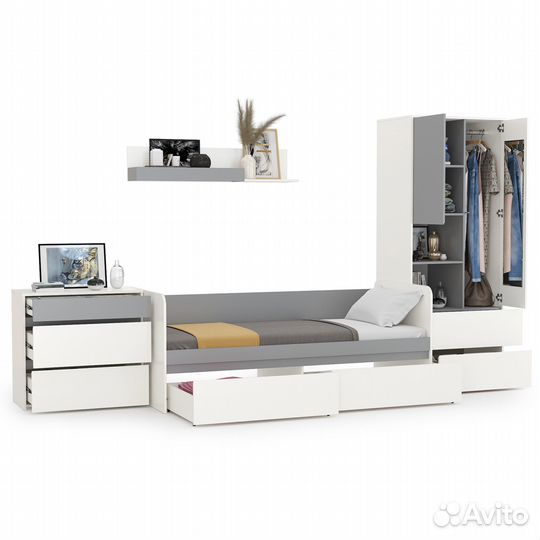 Мебель молодёжная с кроватью с ящиками Торонто № 19, цвет белый шагрень/стальной серый, шхгхв 354х84
