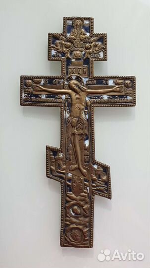 Старинный большой бронзовый крест, эмаль, 35 см