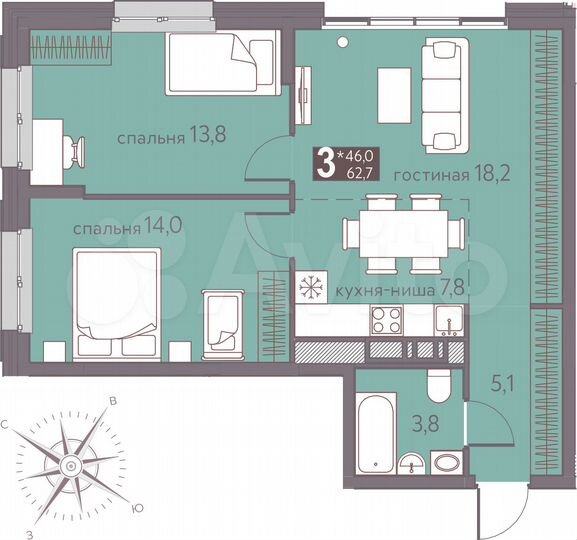 3-к. квартира, 62,7 м², 12/16 эт.