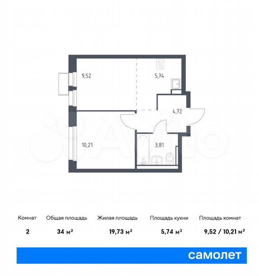 2-к. квартира, 34 м², 15/17 эт.