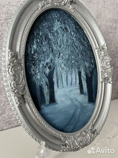 Картина маслом миниатюра в рамке Зимний лес