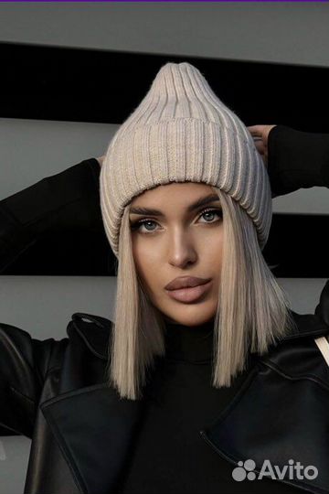 Шапка бини женская бежевая