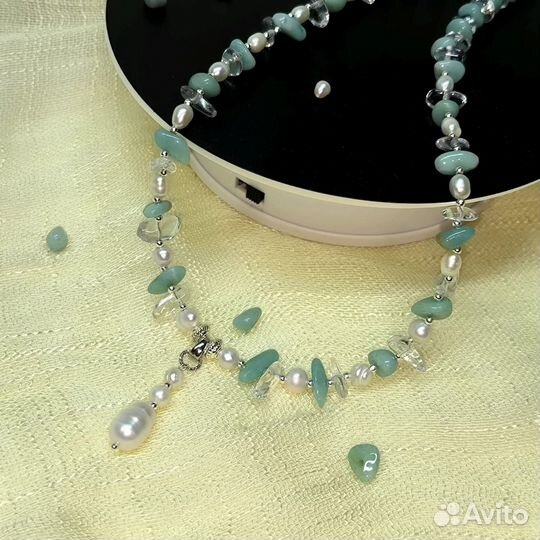 Колье из натурального жемчуга, амазонита и хрустал