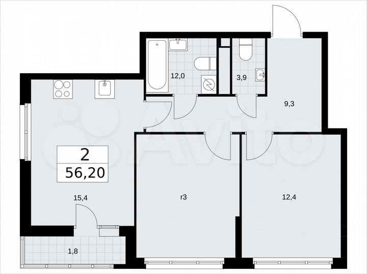 2-к. квартира, 56,2 м², 6/9 эт.