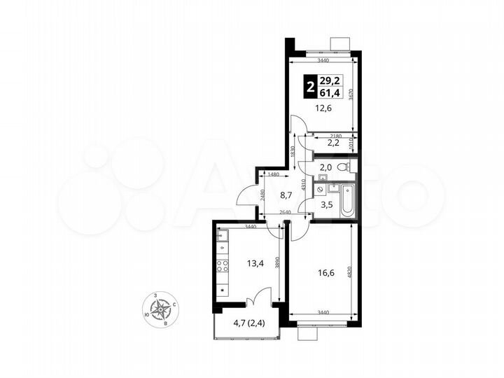 2-к. квартира, 61,4 м², 22/24 эт.