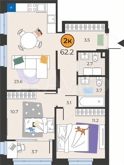 2-к. квартира, 62,3 м², 9/19 эт.