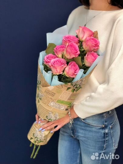 Букет из 9 розовых Роз Эквадор в крафте 60 см 2 Се