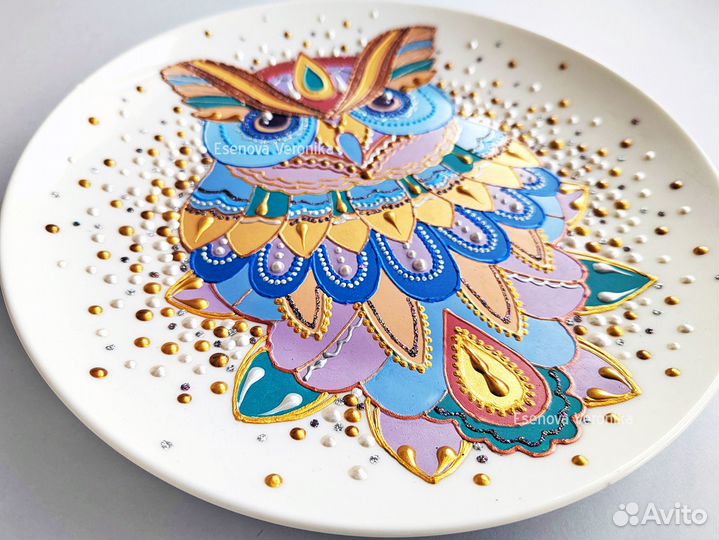 Тарелка Золотая Сова Ручная работа