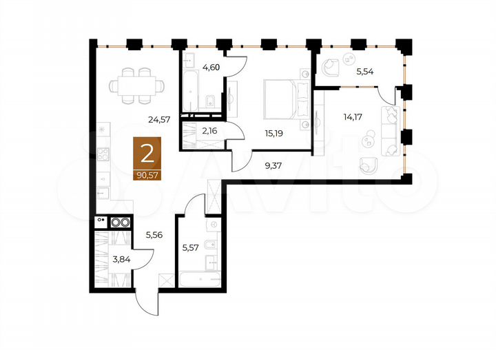 2-к. квартира, 90,6 м², 2/8 эт.