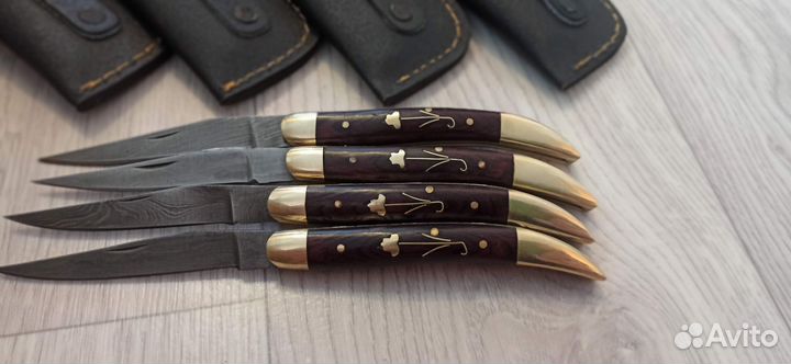 Нож складной дамасская сталь с кожаным чехлом